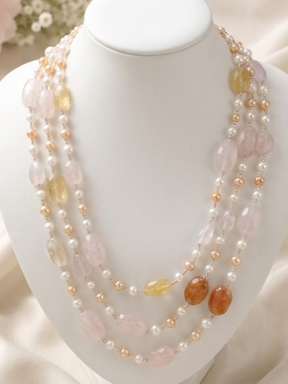Rose Quartz Rhodochrosite Pearl Necklace